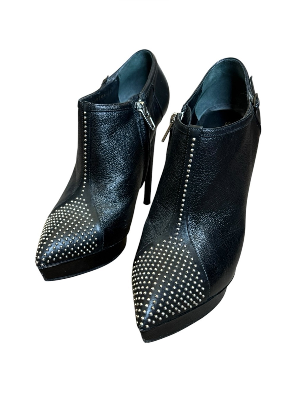 Saint Laurent Black Leather Studded Platform Ankle Booties Heels 37.5